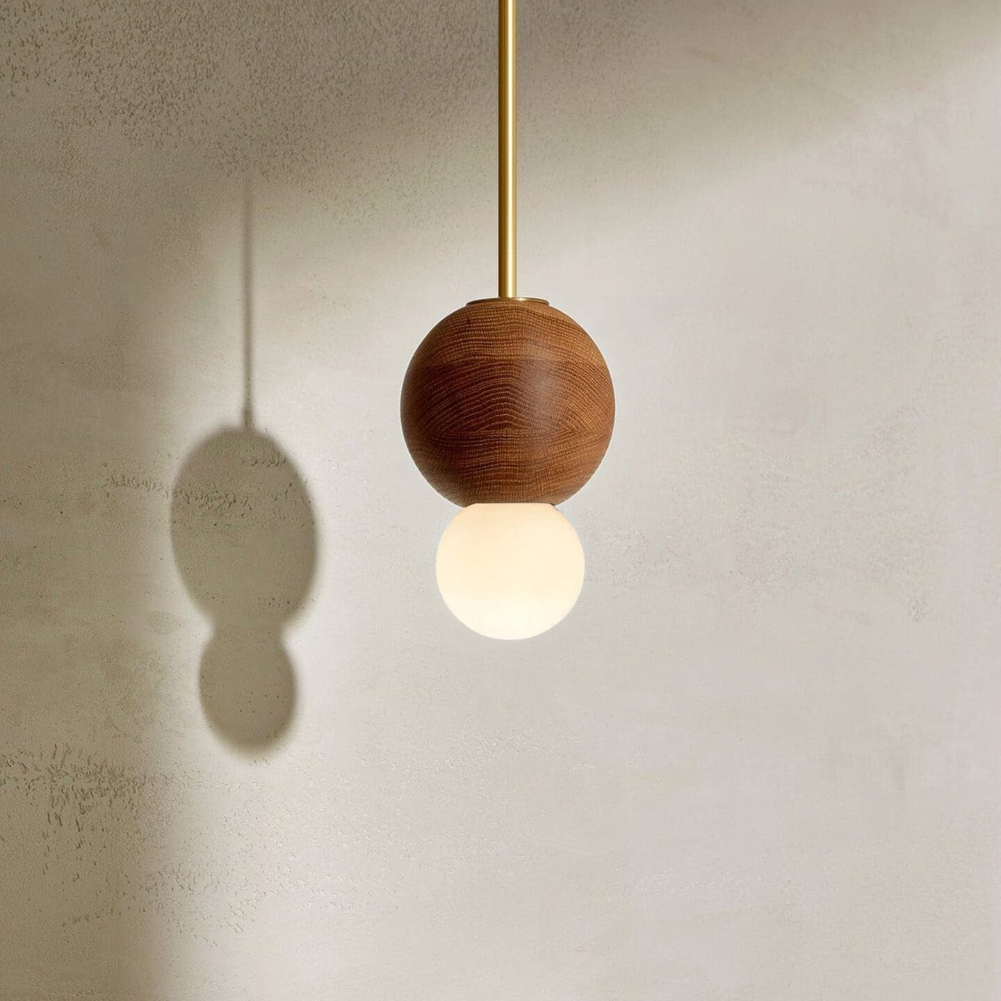 Bright Beads Sphere Pendant in Oak & Brass with Solid Rod